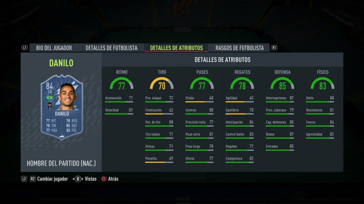 Stats in game Danilo MOTM FIFA 22 Ultimate Team