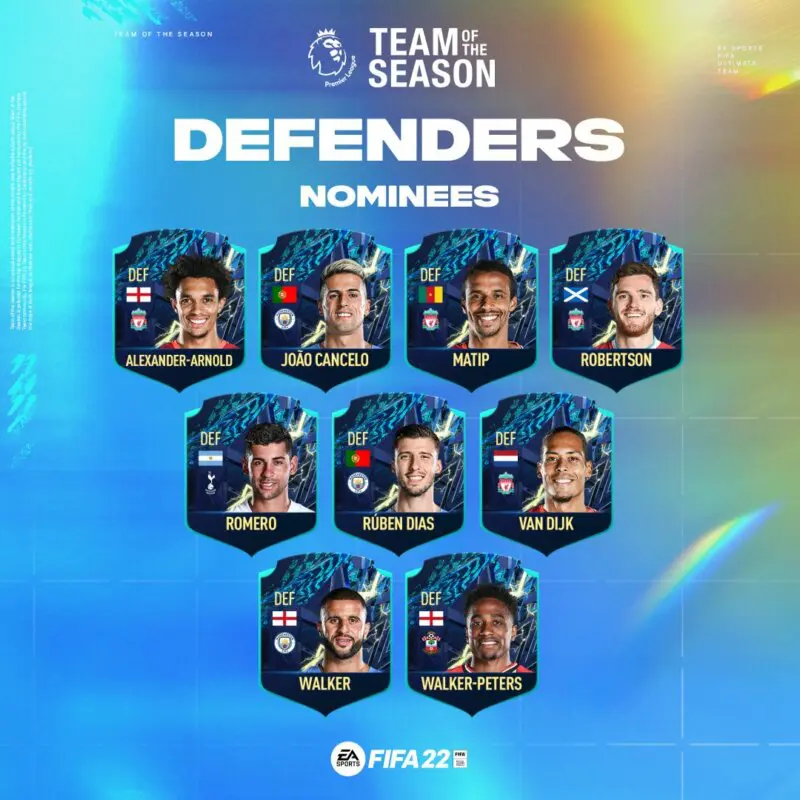 Cartas nominados TOTS defensores Premier League FIFA 22 Ultimate Team (sin stats ni medias)
