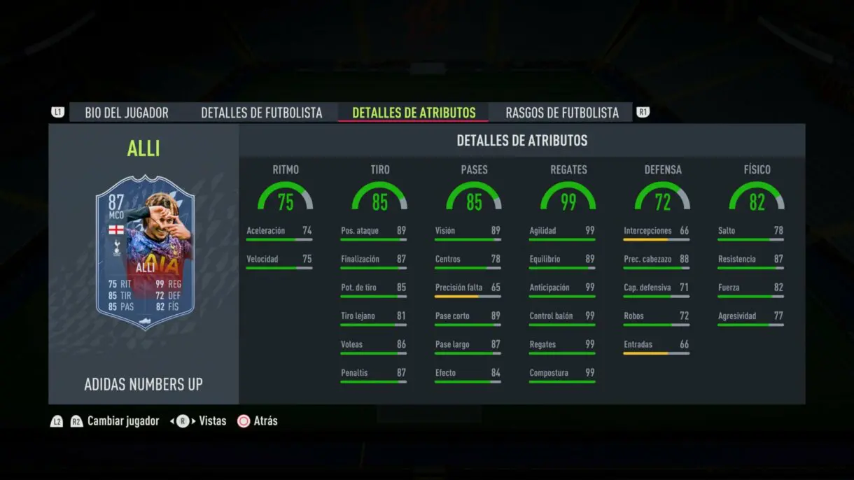 Stats in game actualizadas de Dele Alli Numbers Up FIFA 22 Ultimate Team