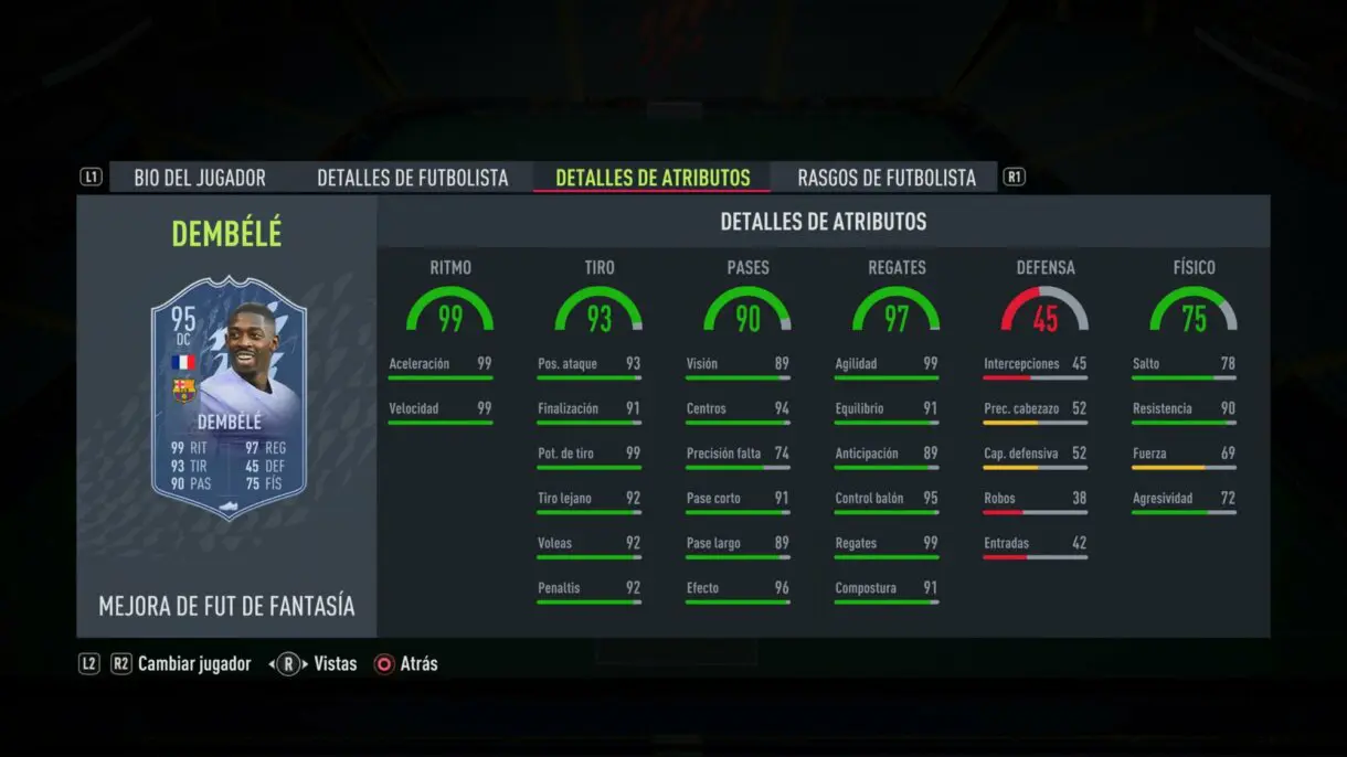 Stats in game actualizadas Dembélé Fantasy FUT FIFA 22 Ultimate Team