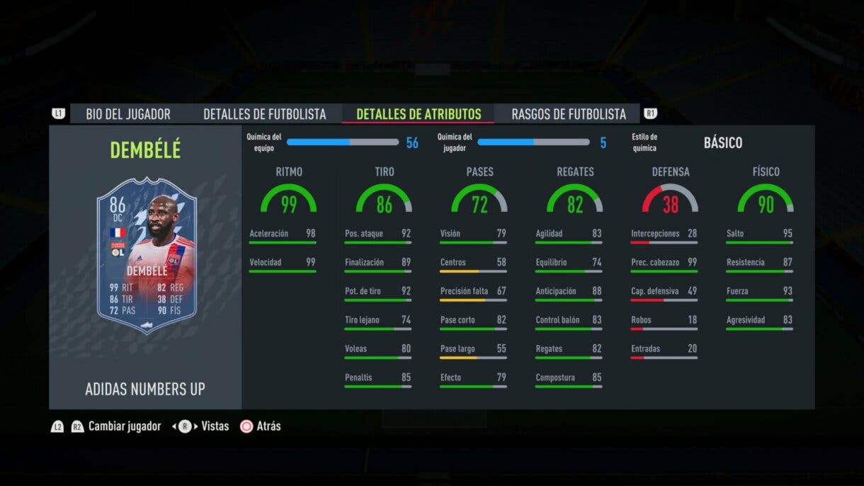 Stats in game actualizadas de Dembélé Numbers Up FIFA 22 Ultimate Team