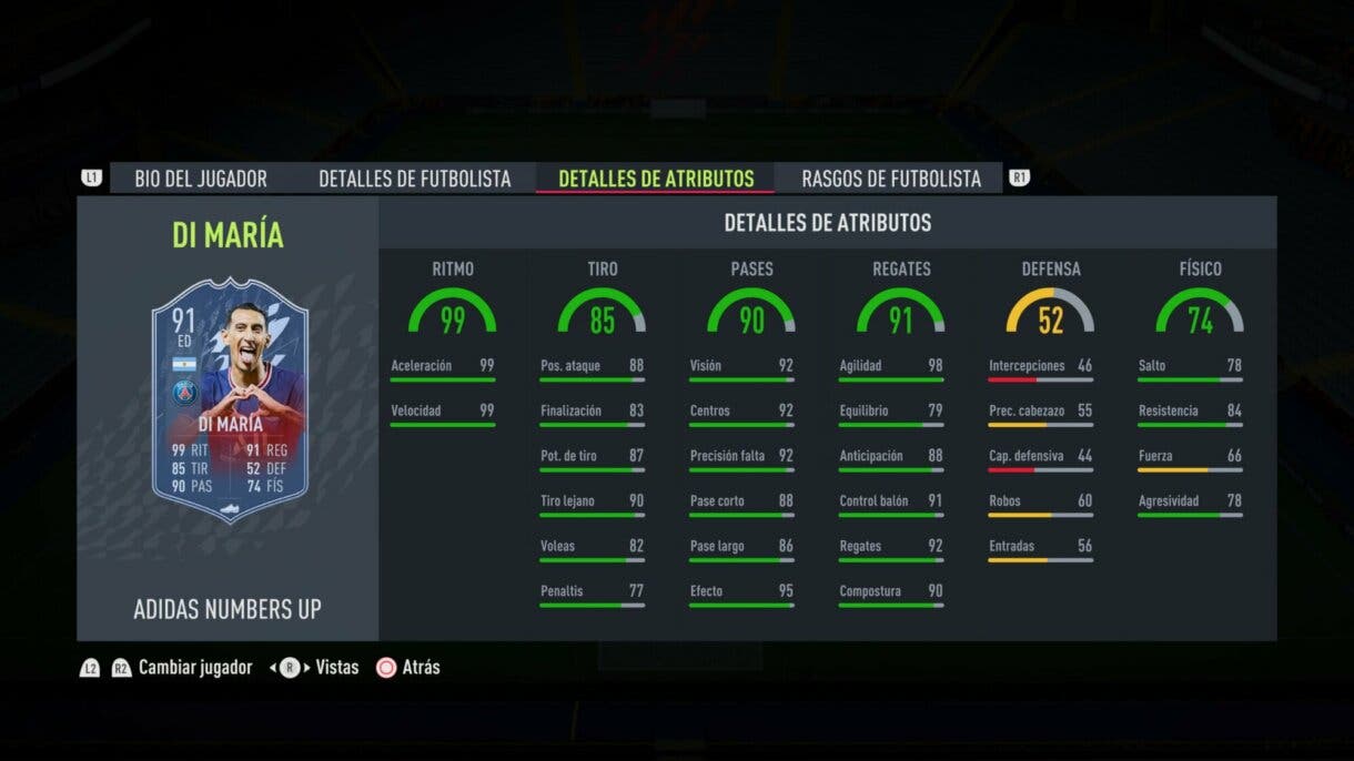 Stats in game actualizadas de Di María Numbers Up FIFA 22 Ultimate Team