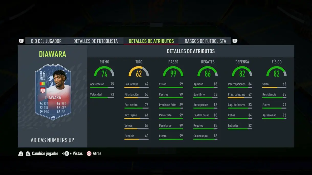 Stats in game actualizadas de Diawara Numbers Up FIFA 22 Ultimate Team