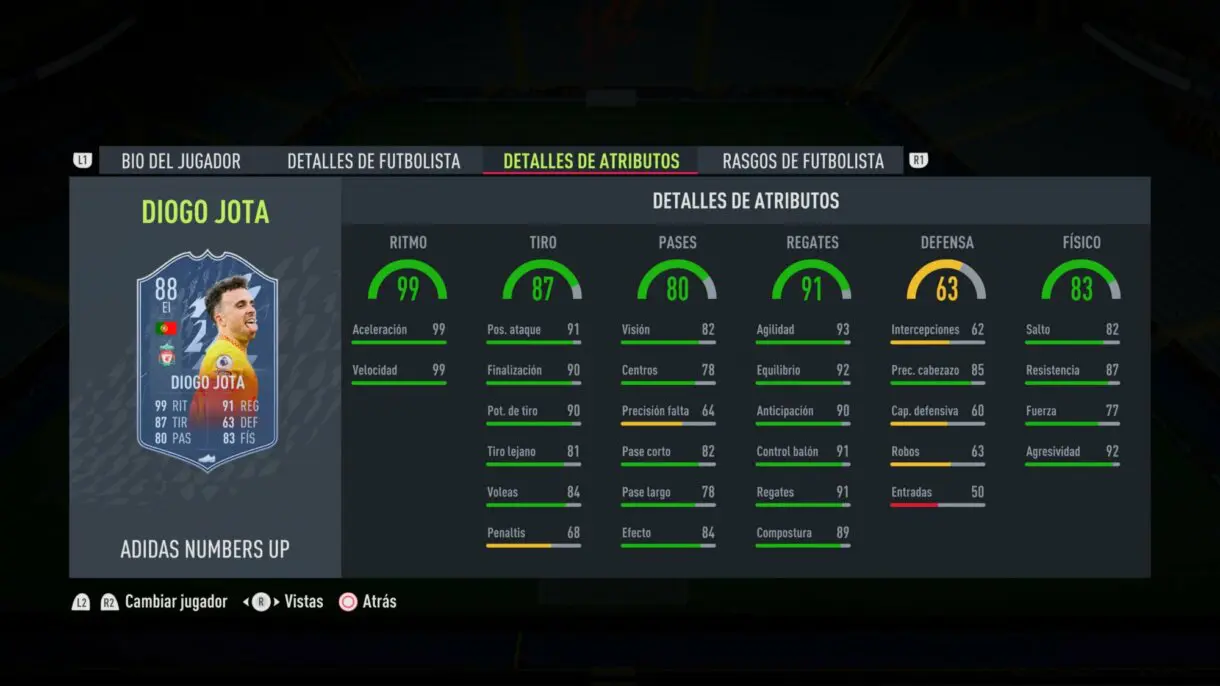 Stats in game actualizadas de Diogo Jota Numbers Up FIFA 22 Ultimate Team