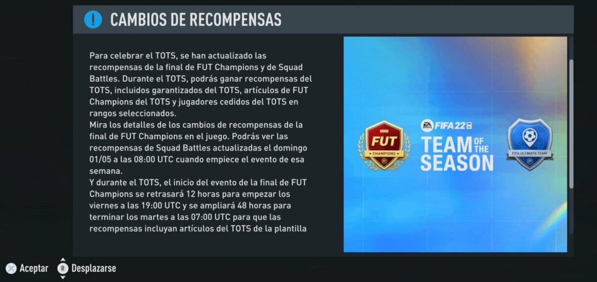 Mensaje avisando de los cambios en las recompensas de FUT Champions y Division Rivals FIFA 22 Ultimate Team