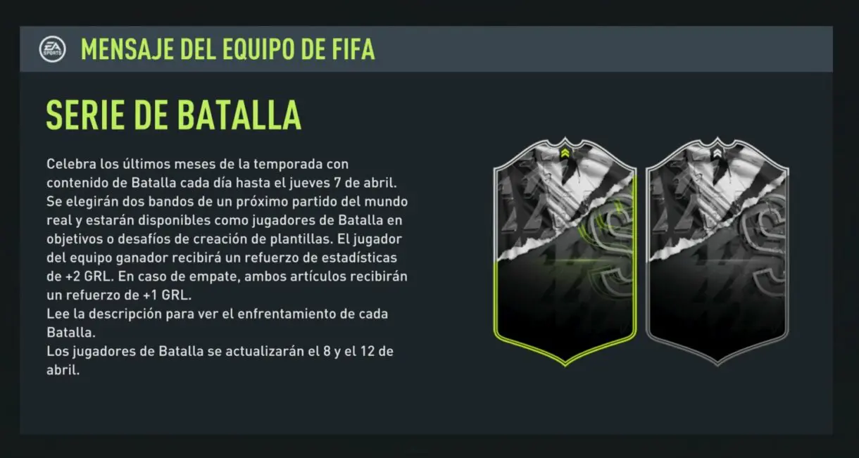 Mensaje informativo sobre el evento de cartas Showdown FIFA 22 Ultimate Team