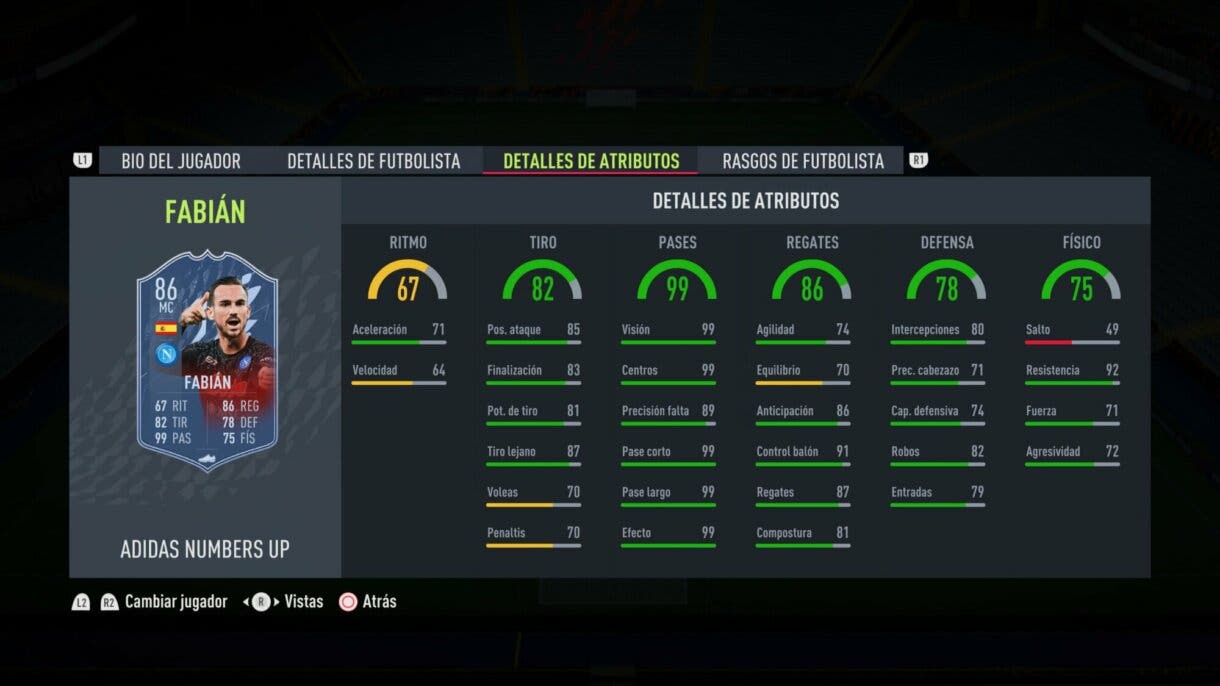 Stats in game actualizadas de Fabián Numbers Up FIFA 22 Ultimate Team