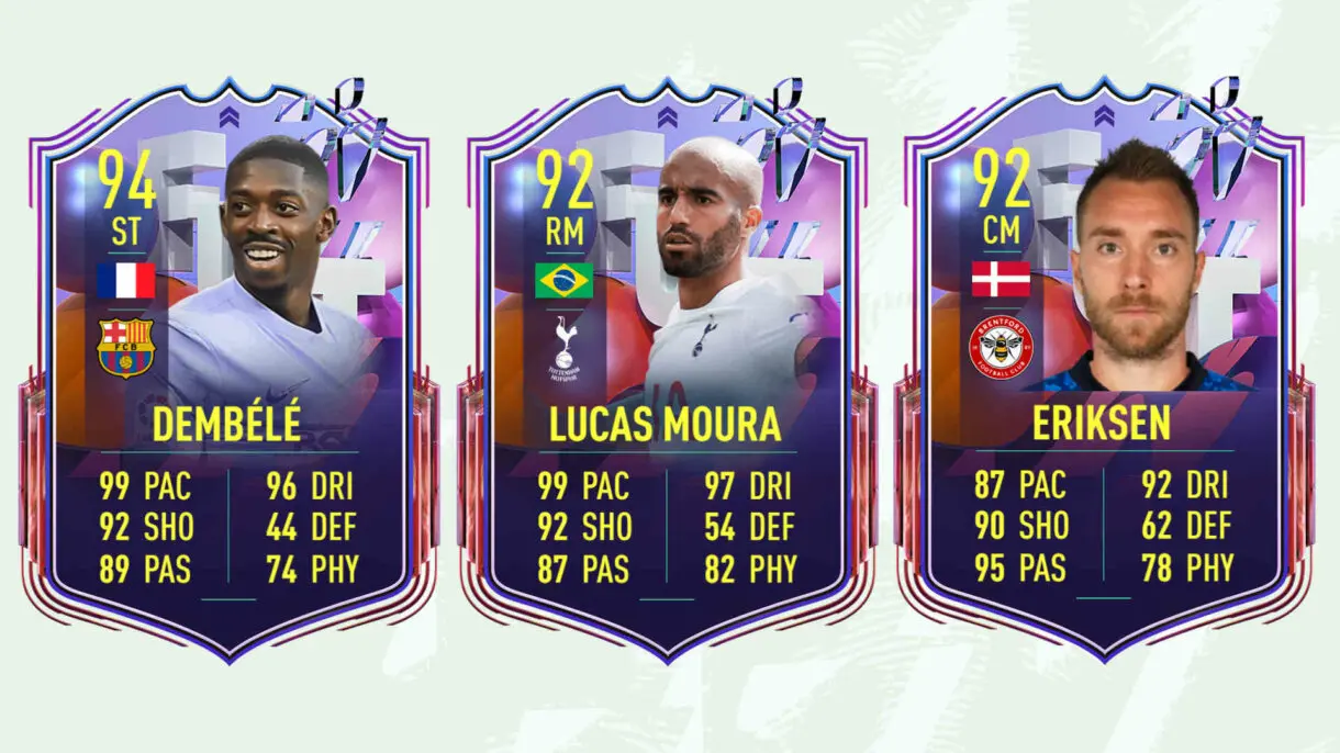 Cartas Fantasy FUT Dembélé, Moura y Eriksen FIFA 22 Ultimate Team
