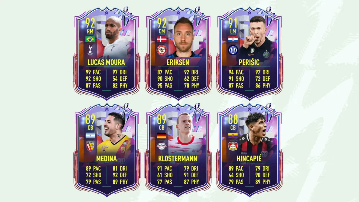 Cartas FUT Captains Moura, Eriksen, Perisic, Medina, Klostermann e Hincapié FIFA 22 Ultimate Team