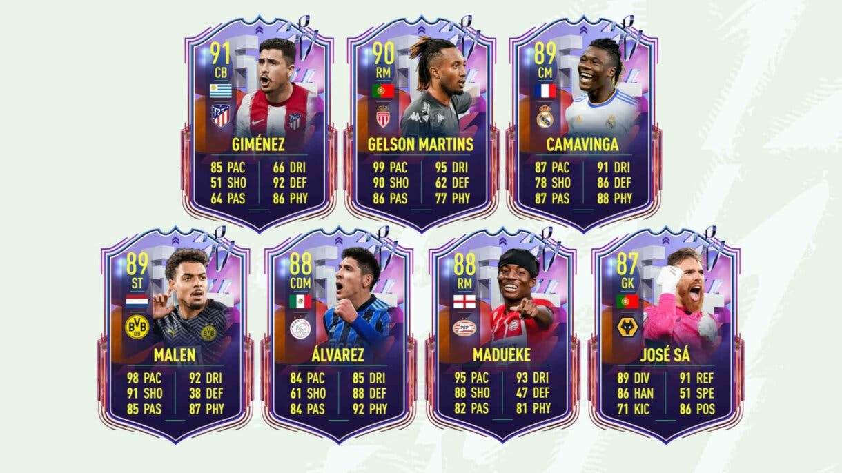 Cartas Fantasy FUT Giménez, Martins, Camavinga, Malen, Álvarez, Madueke y Sá FIFA 22 Ultimate Team