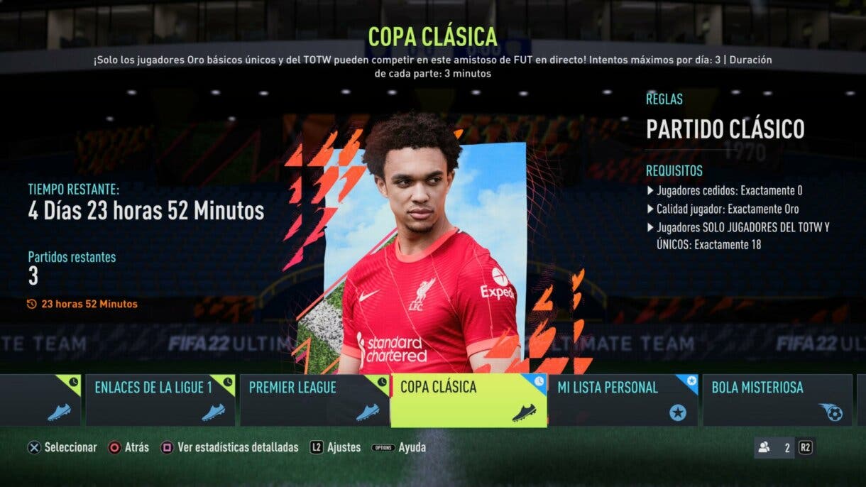 Información del torneo online "Copa Clásica" desde el menú de FIFA 22 Ultimate Team
