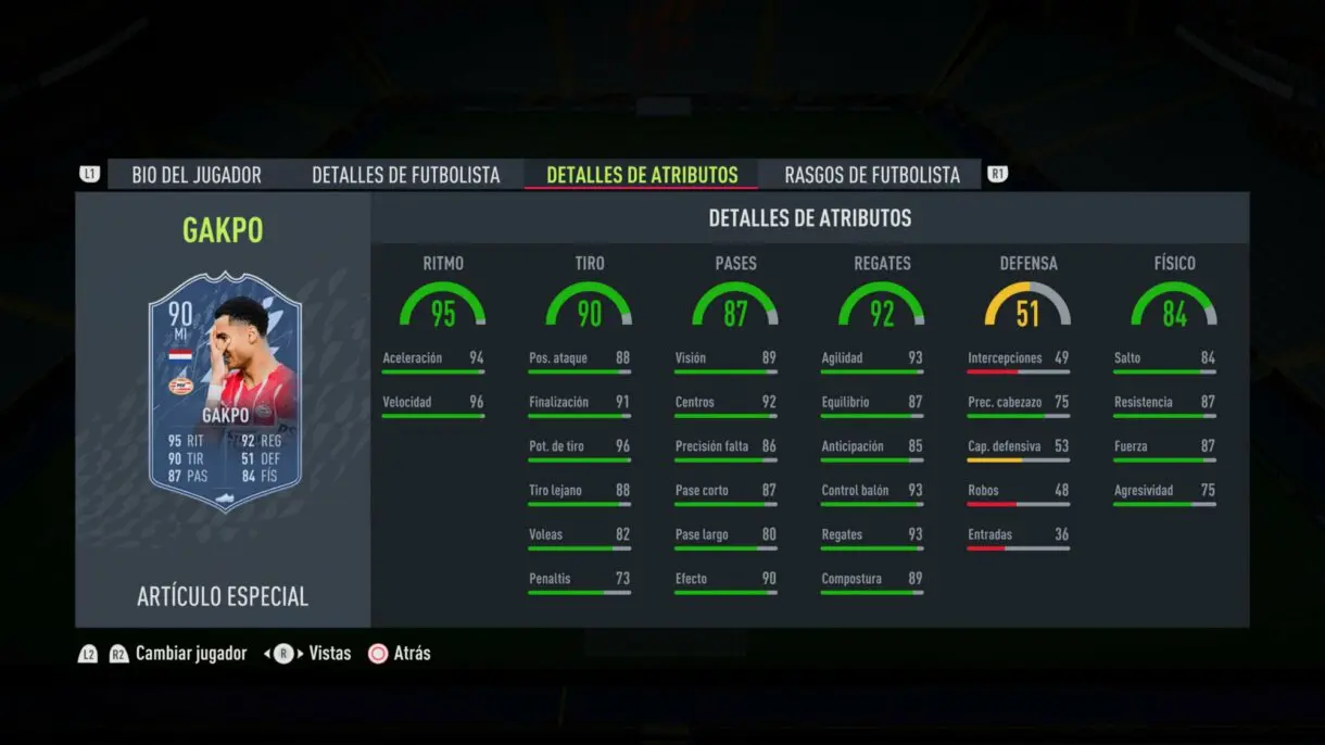 Stats in game Gakpo TOTS FIFA 22 Ultimate Team