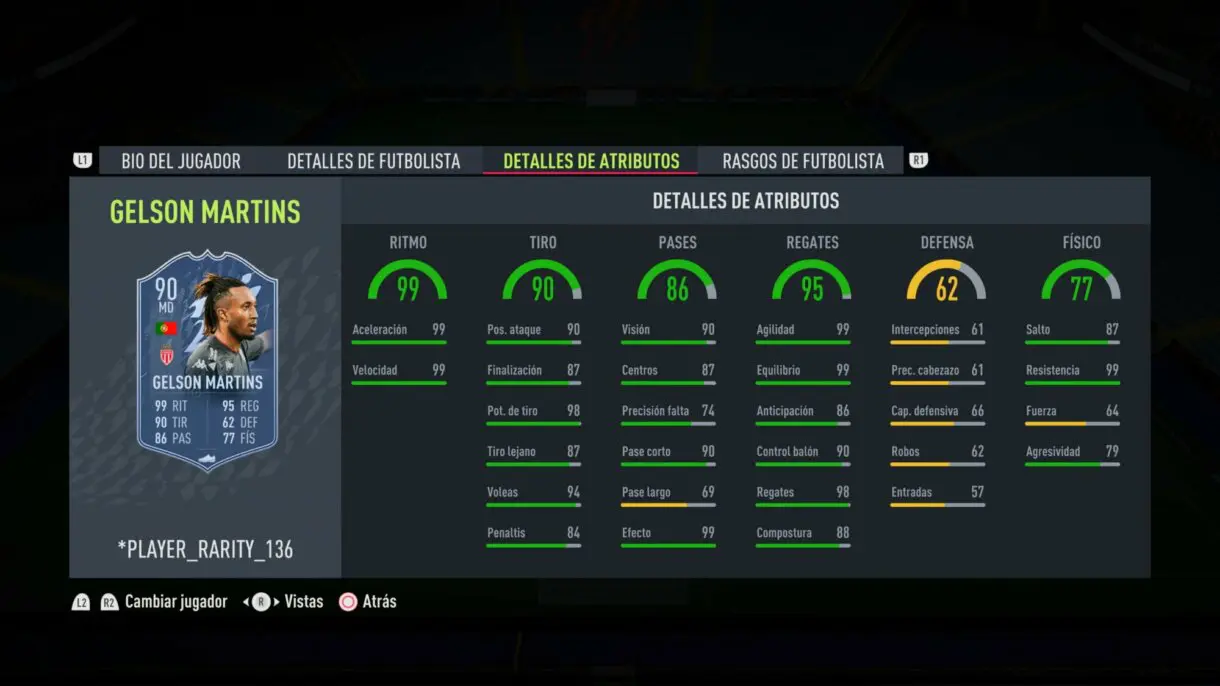 Stats in game Gelson Martins Fantasy FUT actualizado FIFA 22 Ultimate Team