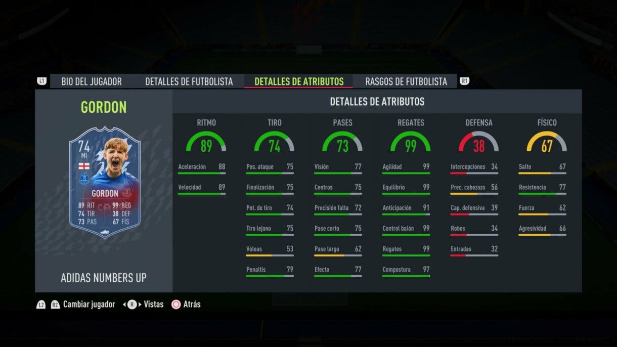 Stats in game actualizadas de Gordon Numbers Up FIFA 22 Ultimate Team