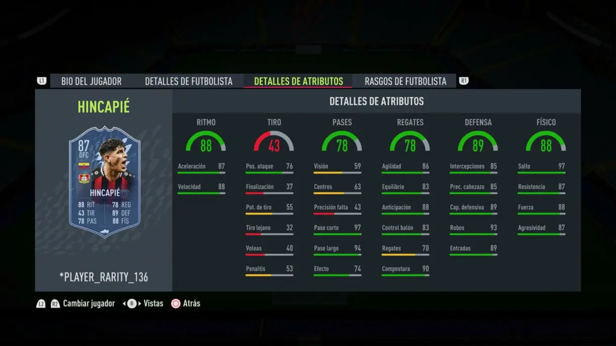 Stats in game Hincapié Fantasy FUT actualizado FIFA 22 Ultimate Team