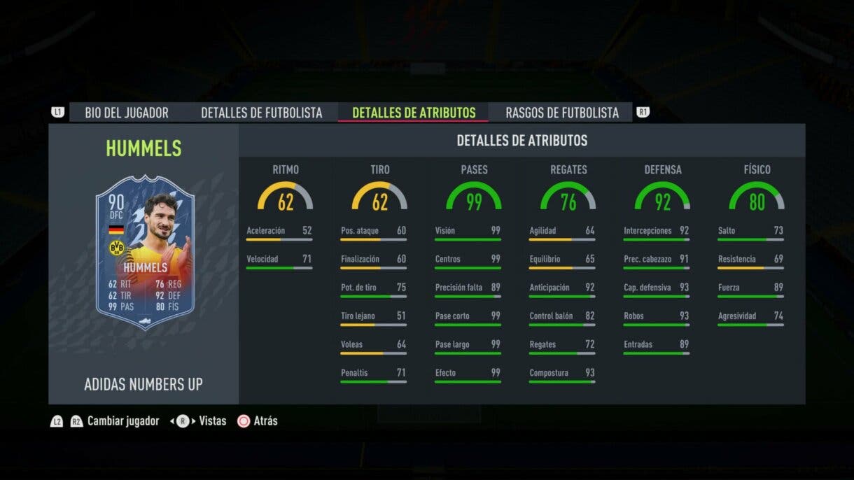Stats in game actualizadas de Hummels Numbers Up FIFA 22 Ultimate Team