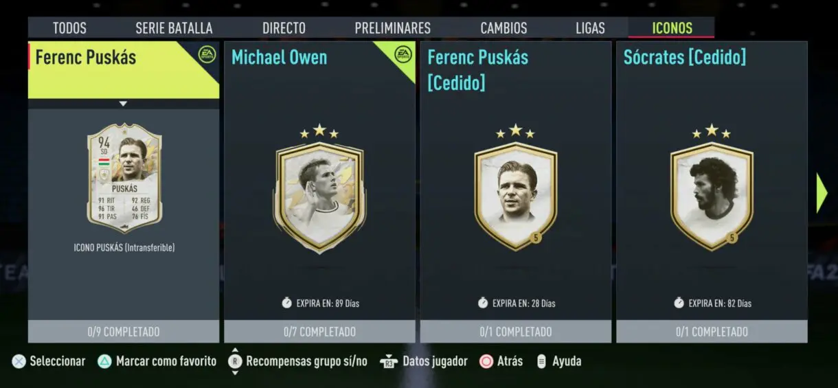 Menú de SBC´s de FIFA 22 Ultimate Team. Apartado de Iconos