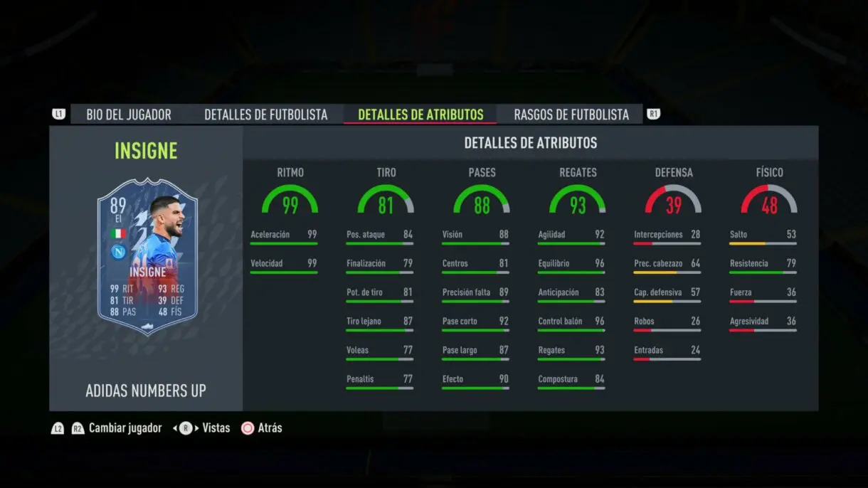 Stats in game actualizadas de Insigne Numbers Up FIFA 22 Ultimate Team