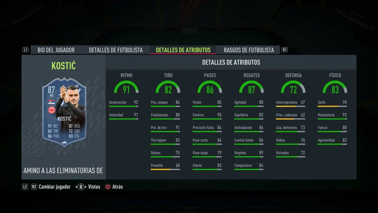 Stats in game Kostic MOTM FIFA 22 Ultimate Team
