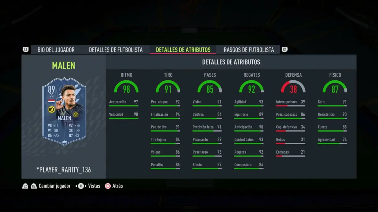Stats in game Malen Fantasy FUT actualizado FIFA 22 Ultimate Team