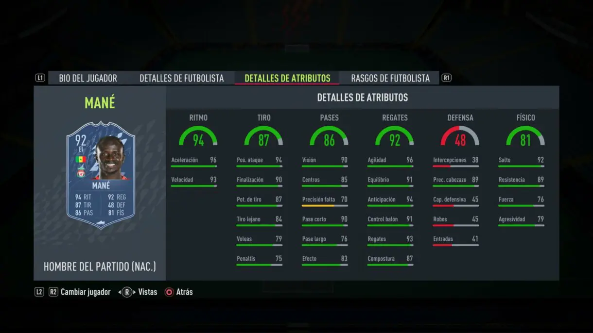 Stats in game Mané MOTM FIFA 22 Ultimate Team
