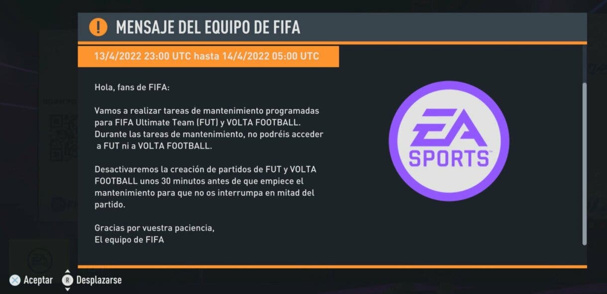 Mensaje desde el menú de FIFA 22 avisando del mantenimiento programado para Ultimate Team y VOLTA