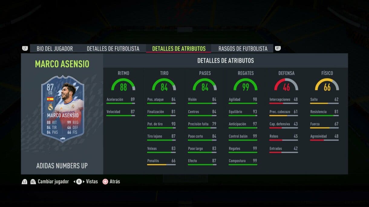 Stats in game actualizadas de Marco Asensio Numbers Up FIFA 22 Ultimate Team