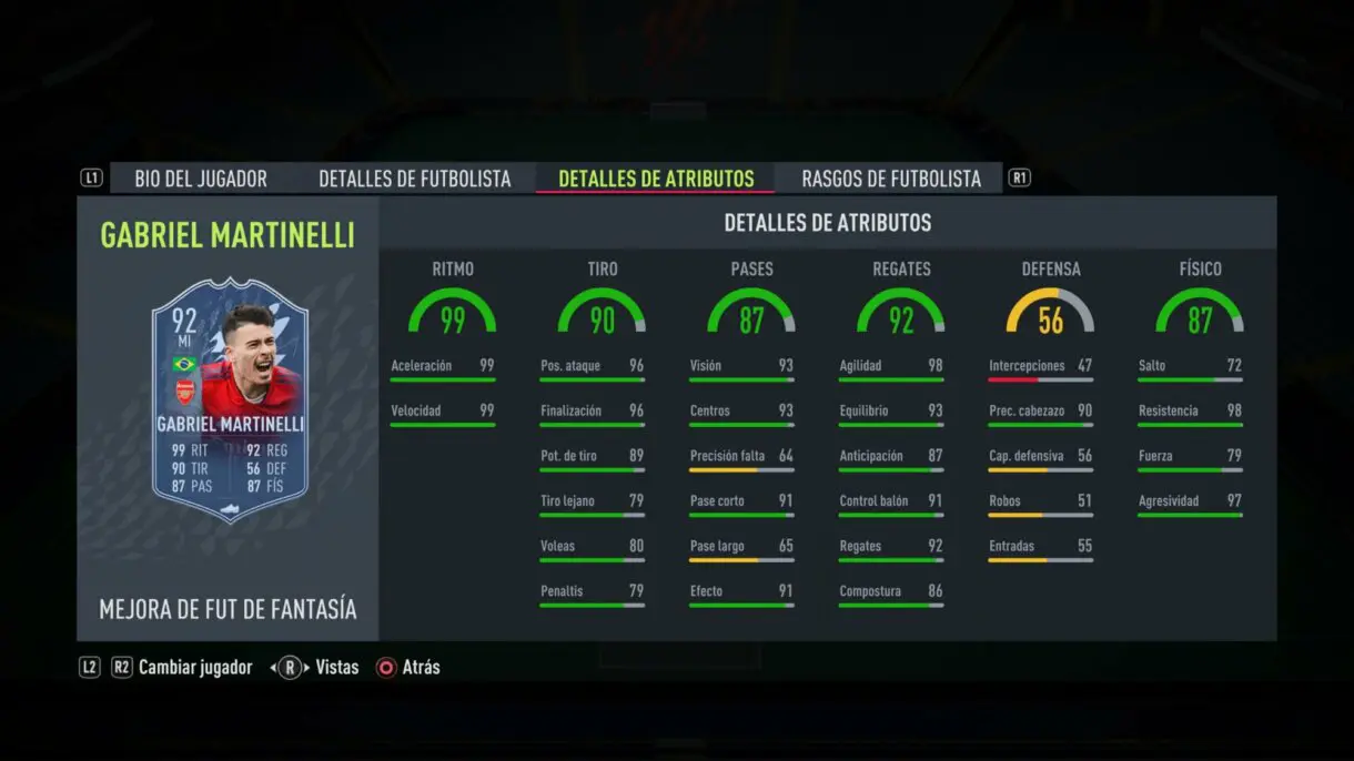 Stats in game actualizadas Martinelli Fantasy FUT FIFA 22 Ultimate Team