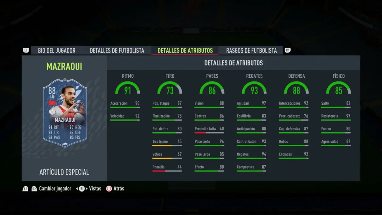 Stats in game Mazraoui TOTS FIFA 22 Ultimate Team