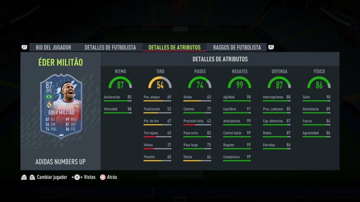 Stats in game actualizadas de Militao Numbers Up FIFA 22 Ultimate Team