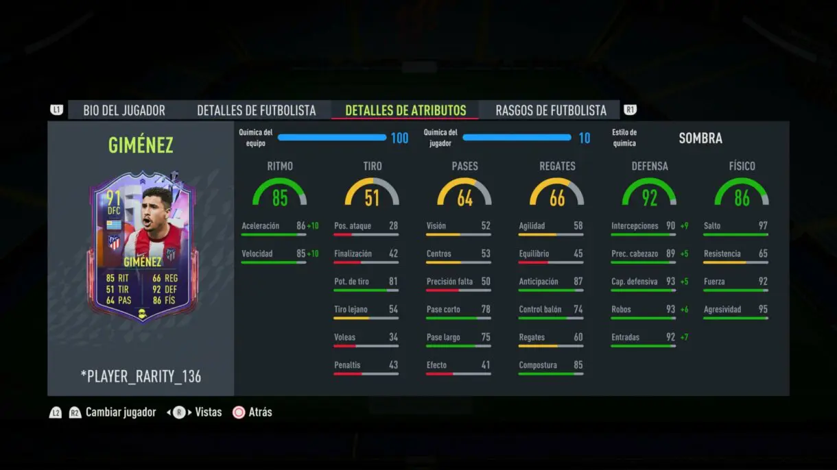 Stats in game Giménez Fantasy FUT actualizado para mostrar su nuevo diseño en FIFA 22 Ultimate Team