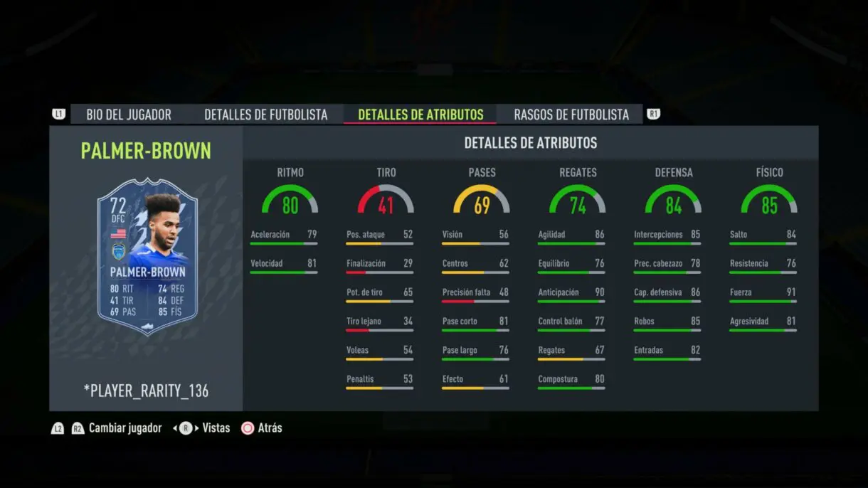 Stats in game Palmer-Brown Fantasy FUT actualizado FIFA 22 Ultimate Team