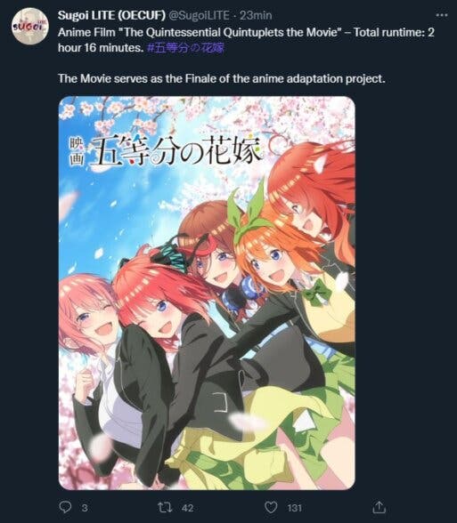 The Quintessential Quintuplets Confirma La Duración De Su Película Y