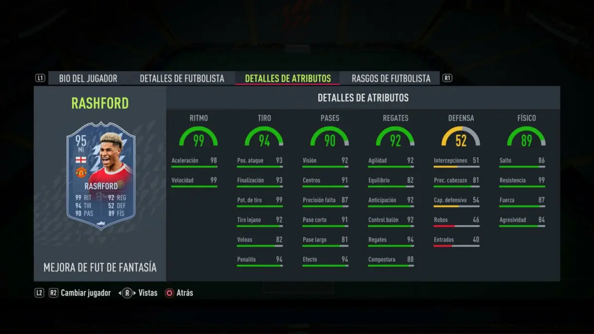 Stats in game actualizadas Rashford Fantasy FUT FIFA 22 Ultimate Team