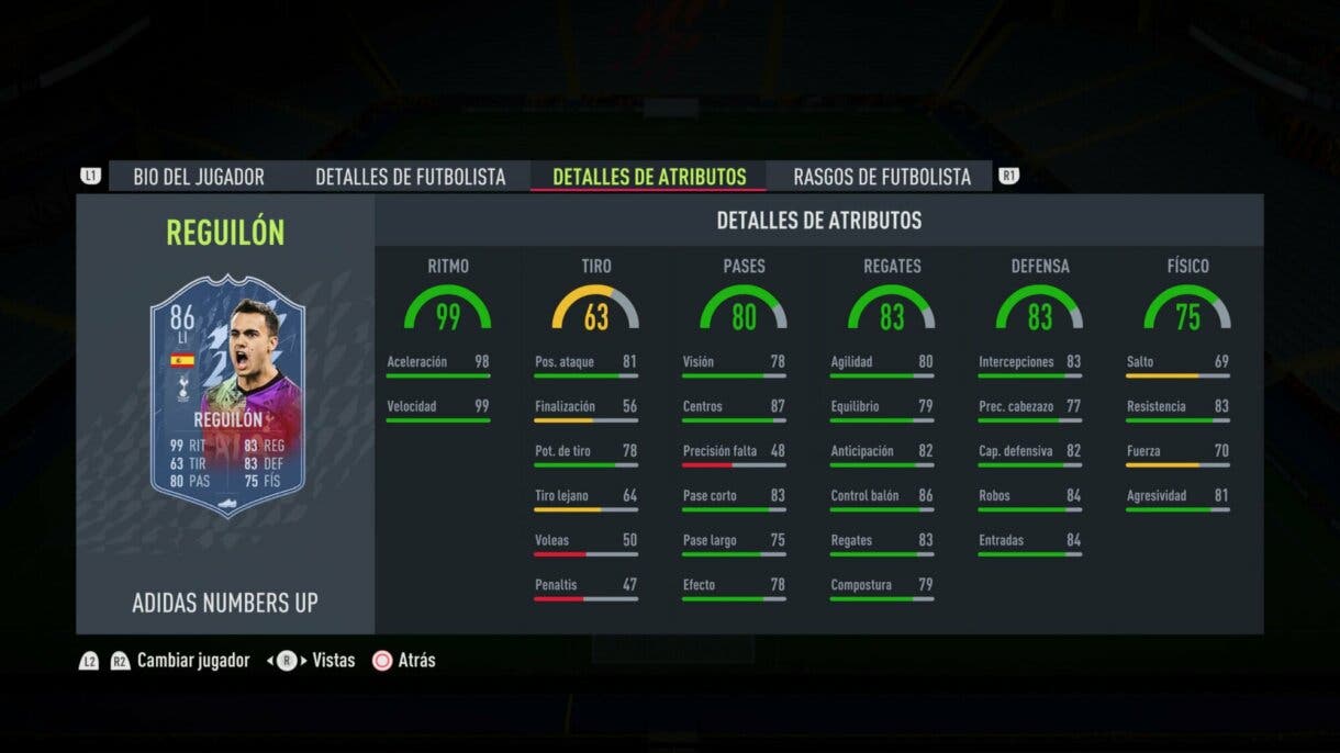Stats in game actualizadas de Reguilón Numbers Up FIFA 22 Ultimate Team