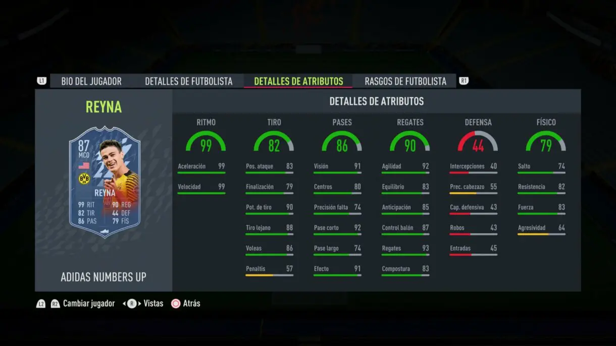 Stats in game actualizadas de Reyna Numbers Up FIFA 22 Ultimate Team