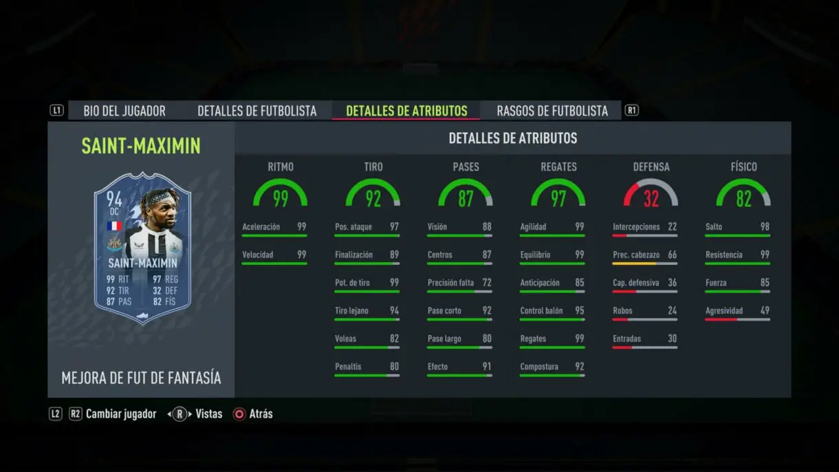Stats in game actualizadas Saint-Maximin Fantasy FUT FIFA 22 Ultimate Team