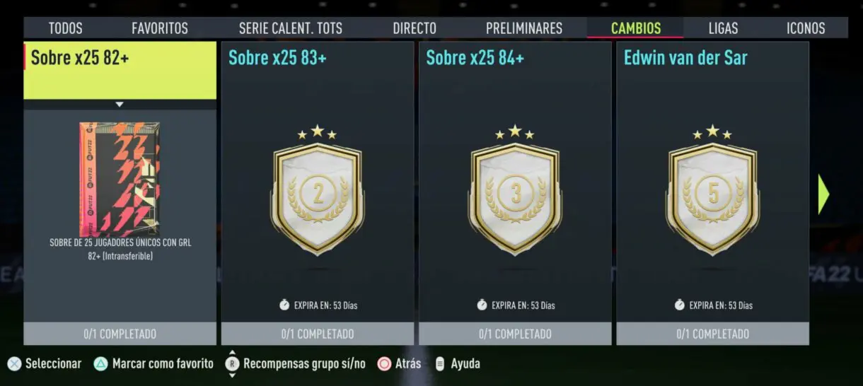 Menú SBC con los sobres Icon Swaps +82, +83 y +84 FIFA 22 Ultimate Team