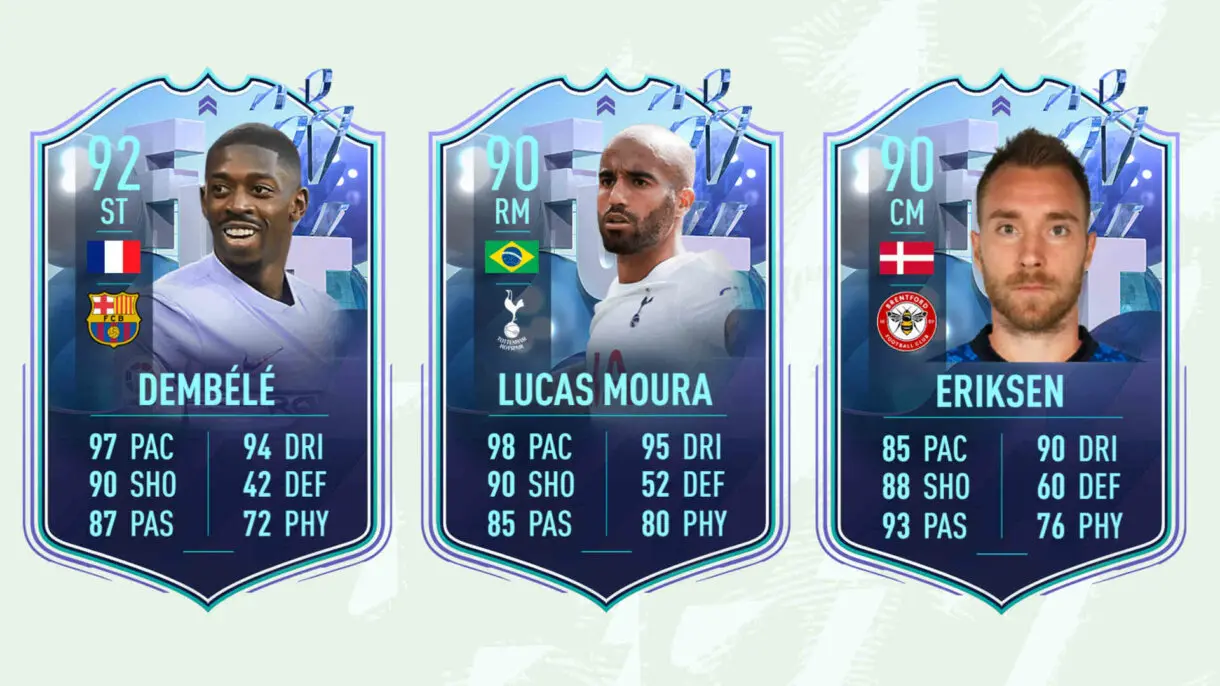 Cartas Fantasy FUT Dembélé, Lucas Moura y Christian Eriksen FIFA 22 Ultimate Team