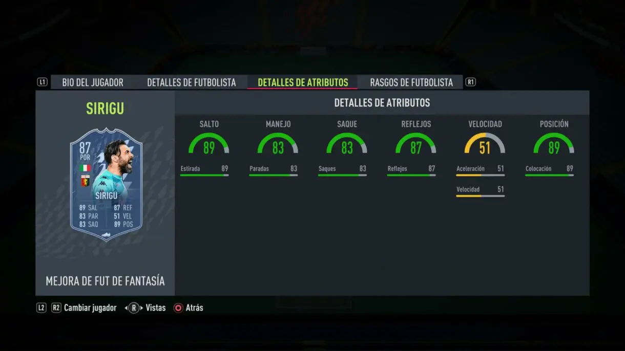 Stats in game actualizadas Sirigu Fantasy FUT FIFA 22 Ultimate Team