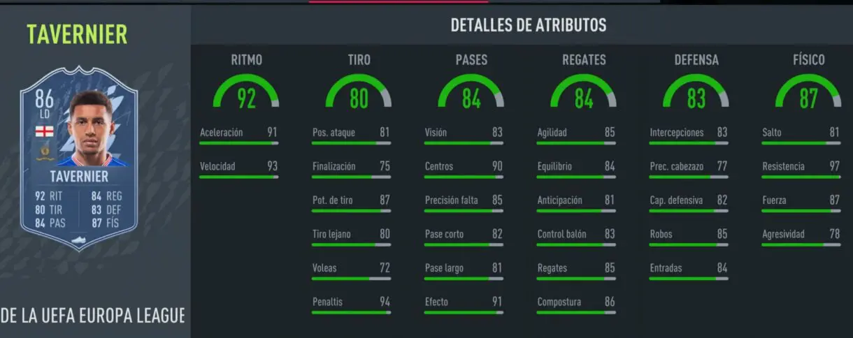 Stats in game de Tavernier MOTM FIFA 22 Ultimate Team