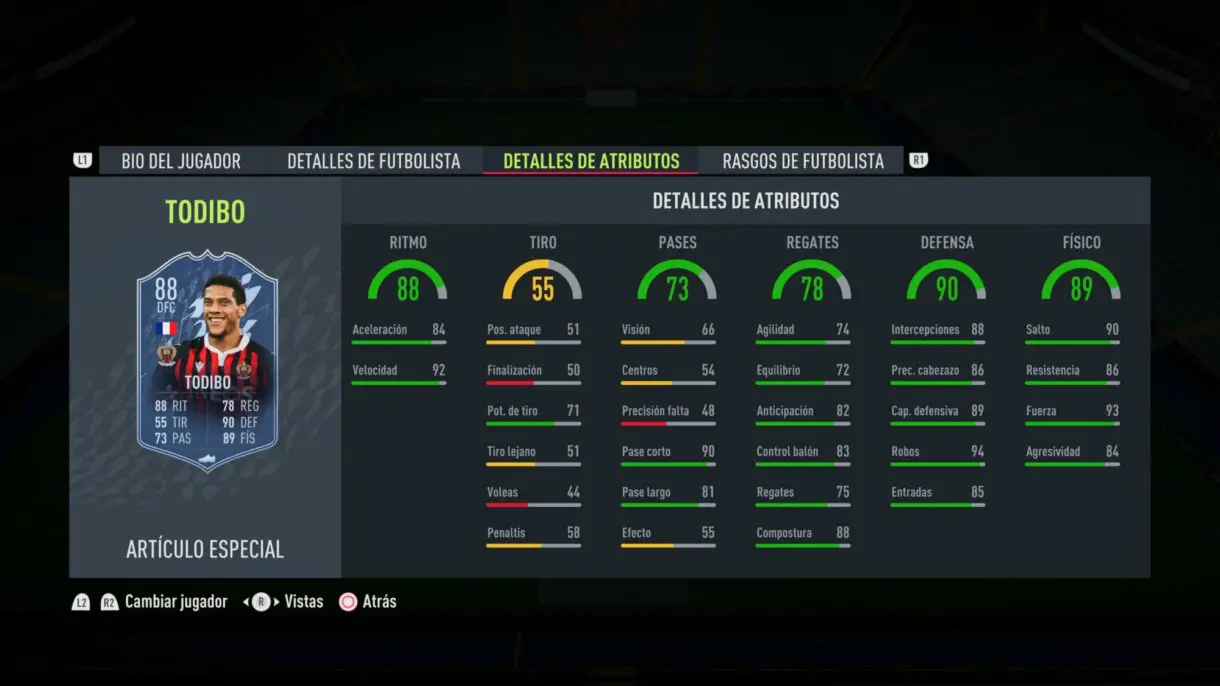 Stats in game Todibo TOTS FIFA 22 Ultimate Team
