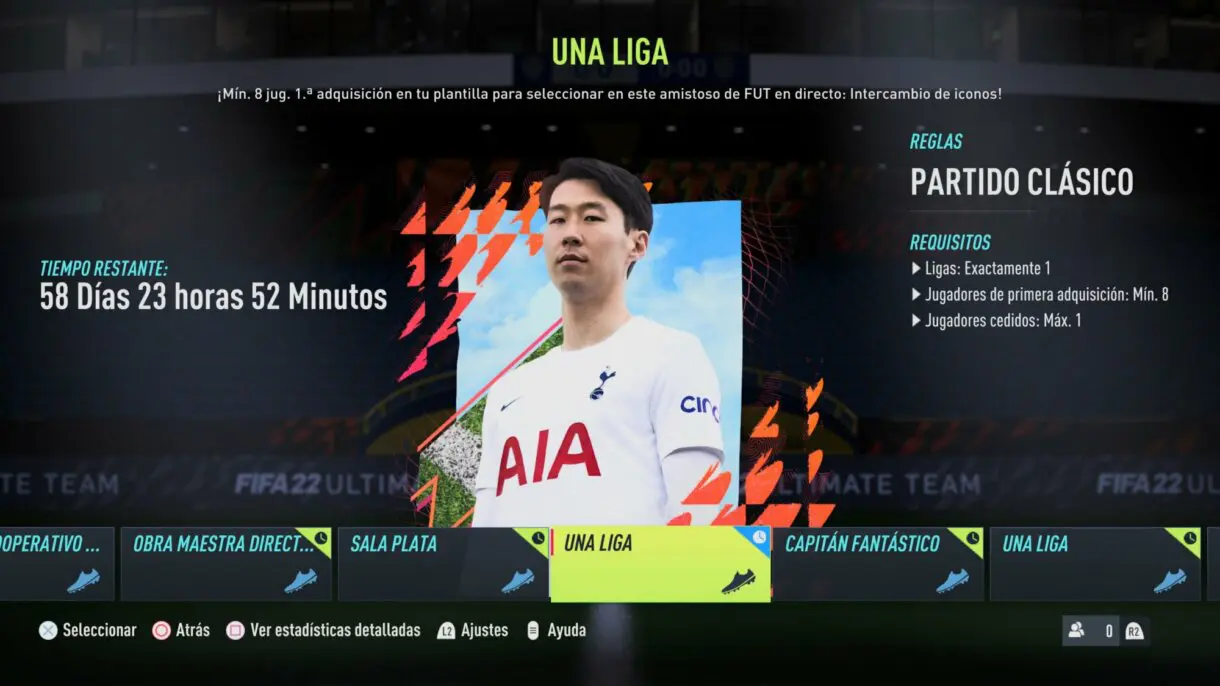 Información del torneo amistoso online "Una liga" desde el menú de FIFA 22 Ultimate Team