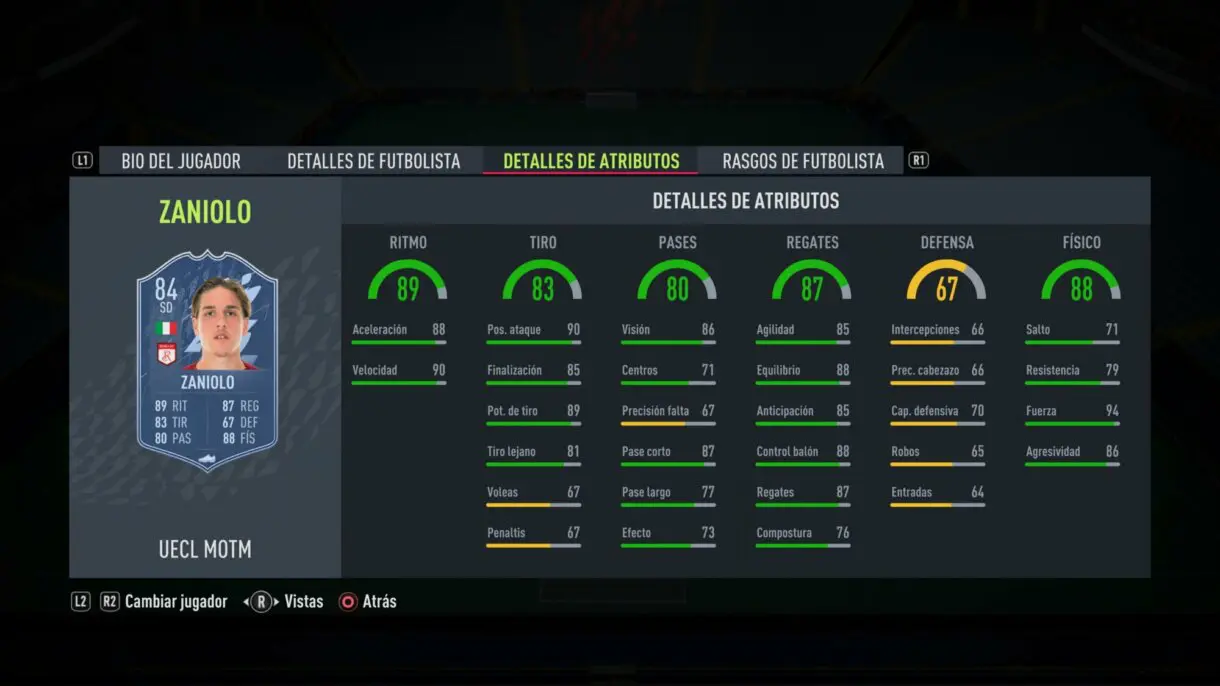 Stats in game Zaniolo  MOTM FIFA 22 Ultimate Team