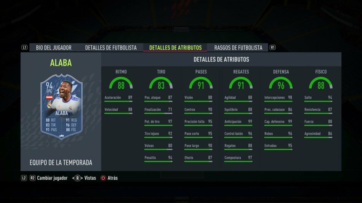 Stats in game Alaba TOTS FIFA 22 Ultimate Team