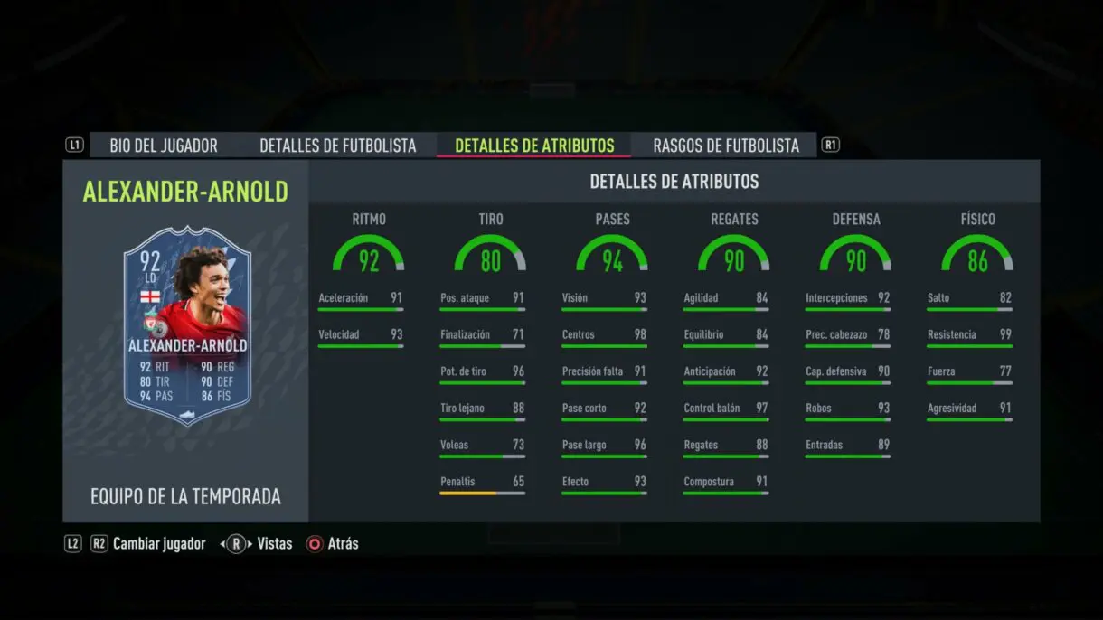 Stats in game Alexander-Arnold TOTS FIFA 22 Ultimate Team