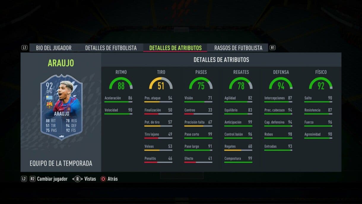 Stats in game Araujo TOTS FIFA 22 Ultimate Team