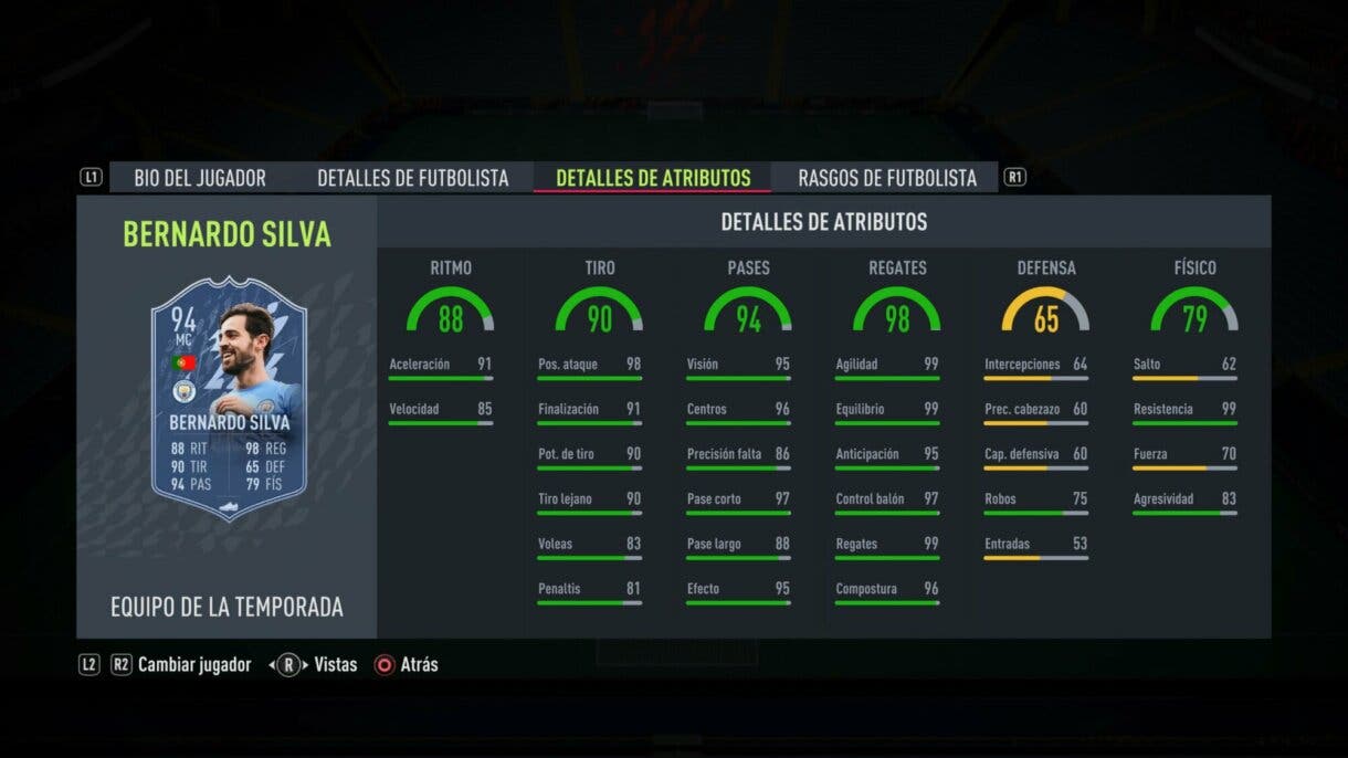 Stats in game Bernardo Silva TOTS FIFA 22 Ultimate Team