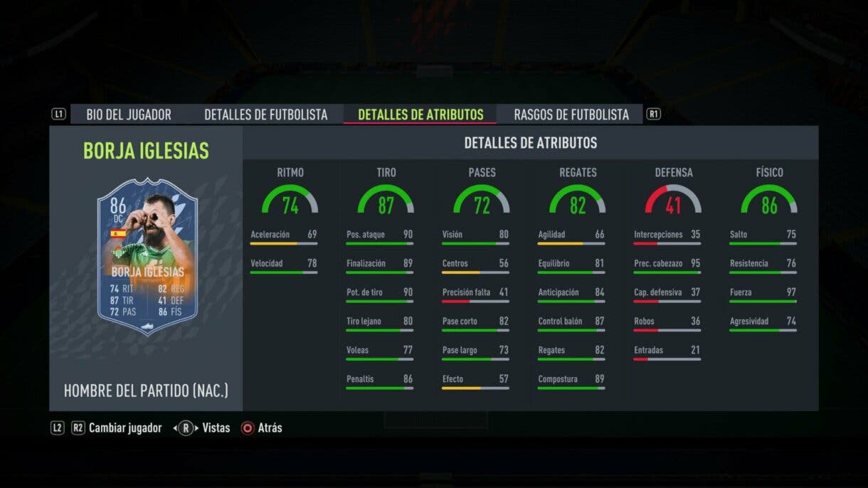 Stats in game Borja Iglesias MOTM FIFA 22 Ultimate Team