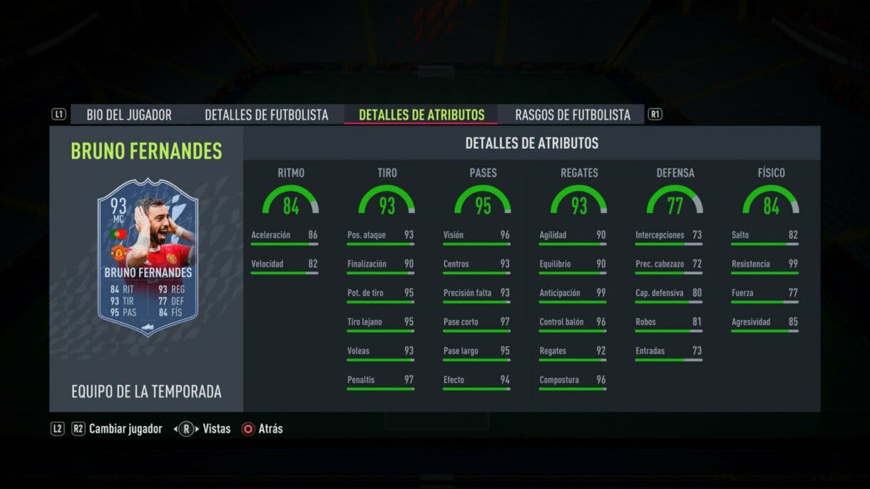Stats in game Bruno Fernandes TOTS FIFA 22 Ultimate Team